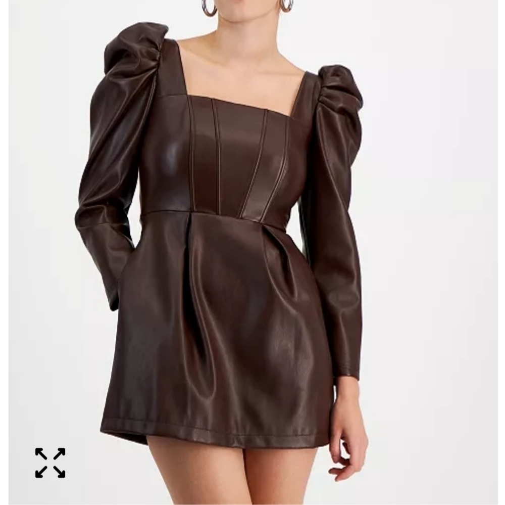 Avec Les Filles Brown Faux Leather Puff Sleeve Corset Dress Ruched Back Small